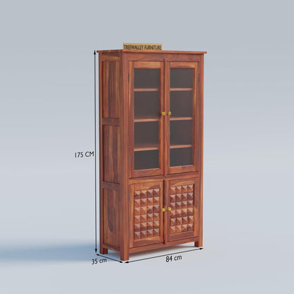 Solid Wood Glass Door Display Cabinet with Geometric Wooden Storage Doors