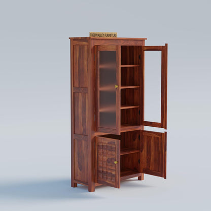 Solid Wood Glass Door Display Cabinet with Geometric Wooden Storage Doors