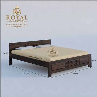 Royal Marwar Solid Sheesham Wood Bed Without Storage | Small Diamond Headboard Design | Palang Double Bed