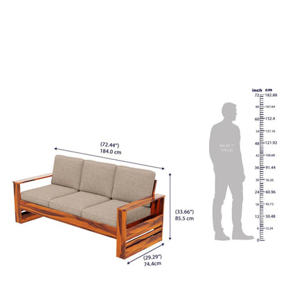 Royal Marwar Solid Sheesham Wood 3 Seater Sofa | Modern Wooden Sofa with Cushions | Honey Finish