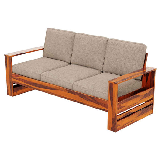 Royal Marwar Solid Sheesham Wood 3 Seater Sofa | Modern Wooden Sofa with Cushions | Honey Finish