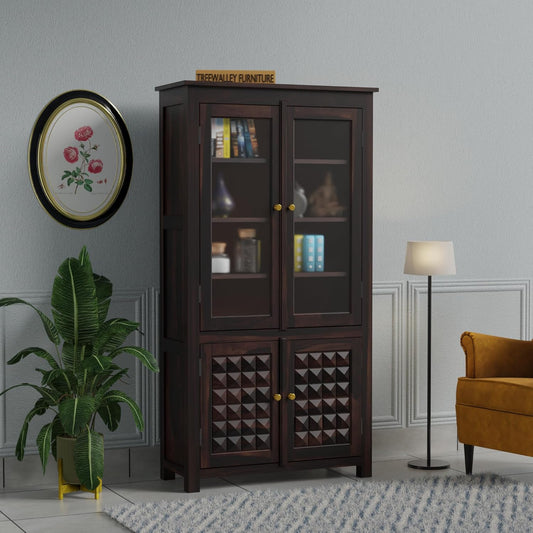 Solid Wood Glass Door Display Cabinet with Geometric Wooden Storage Doors