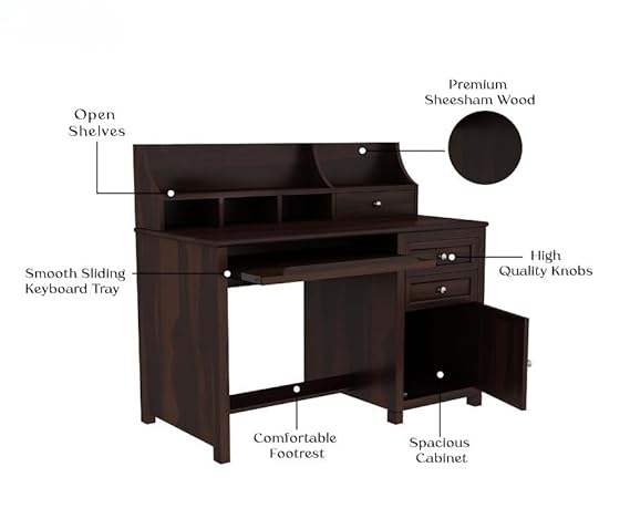 Royal Marwar Solid Mango Wood Study Table with Hutch | Wooden Computer Desk with Storage Cabinet & Drawers | Walnut Finish