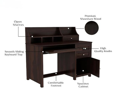 Royal Marwar Solid Mango Wood Study Table with Hutch | Wooden Computer Desk with Storage Cabinet & Drawers | Walnut Finish