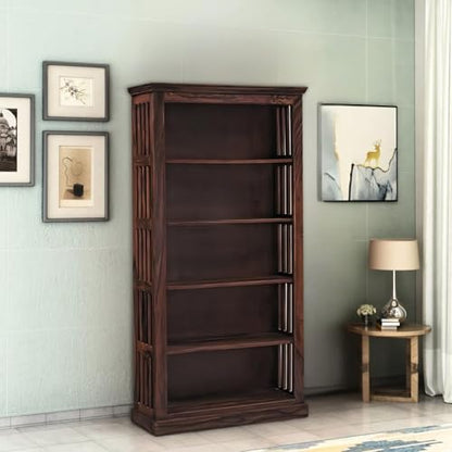 Solid Sheesham Wood Bookshelf with 5 Open Shelves - Walnut Finish