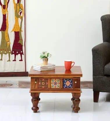 Royal Marwar Solid Sheesham Wood Side Table | Decorative Tile Design | Wooden En