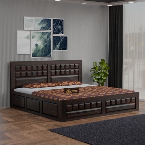 Solid Sheesham Wood King Size Bed with Storage Box - Walnut Finish