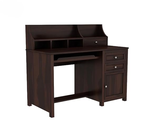 Royal Marwar Solid Mango Wood Study Table with Hutch | Wooden Computer Desk with Storage Cabinet & Drawers | Walnut Finish