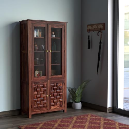 Sheesham Wood Sideboard Crockery Cabinet with 2 Acrylic Glass Door - Honey Finish