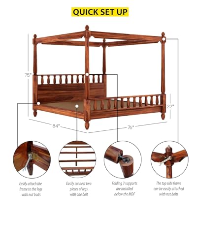 Royal Marwar Solid Sheesham Wood Four Poster Cane Bed | King Size | Premium Canopy Bed | Walnut Finish