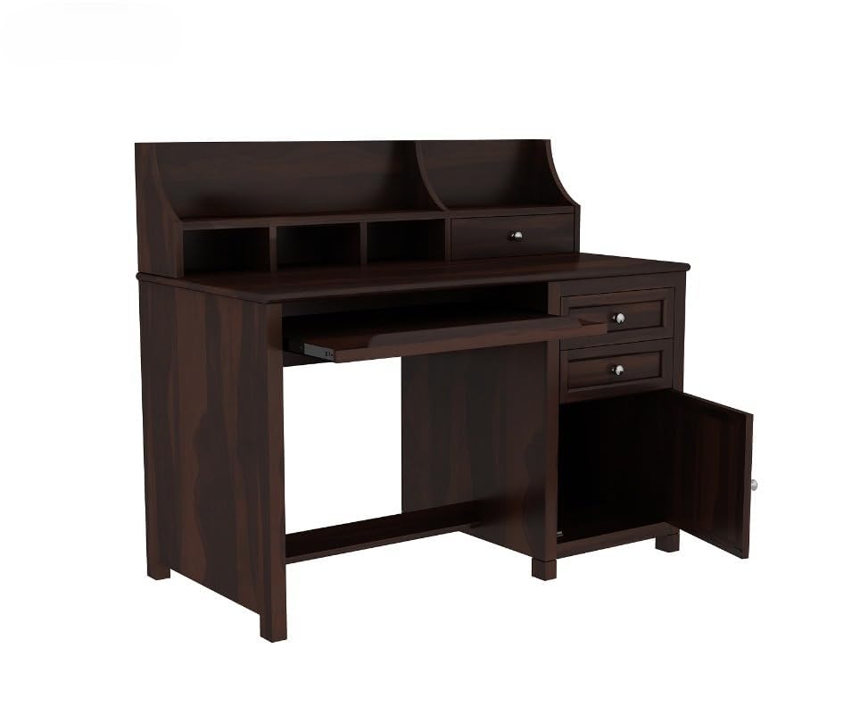 Royal Marwar Solid Mango Wood Study Table with Hutch | Wooden Computer Desk with Storage Cabinet & Drawers | Walnut Finish