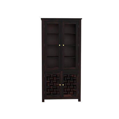 Solid Wood Glass Door Display Cabinet with Textured Wooden Storage Doors