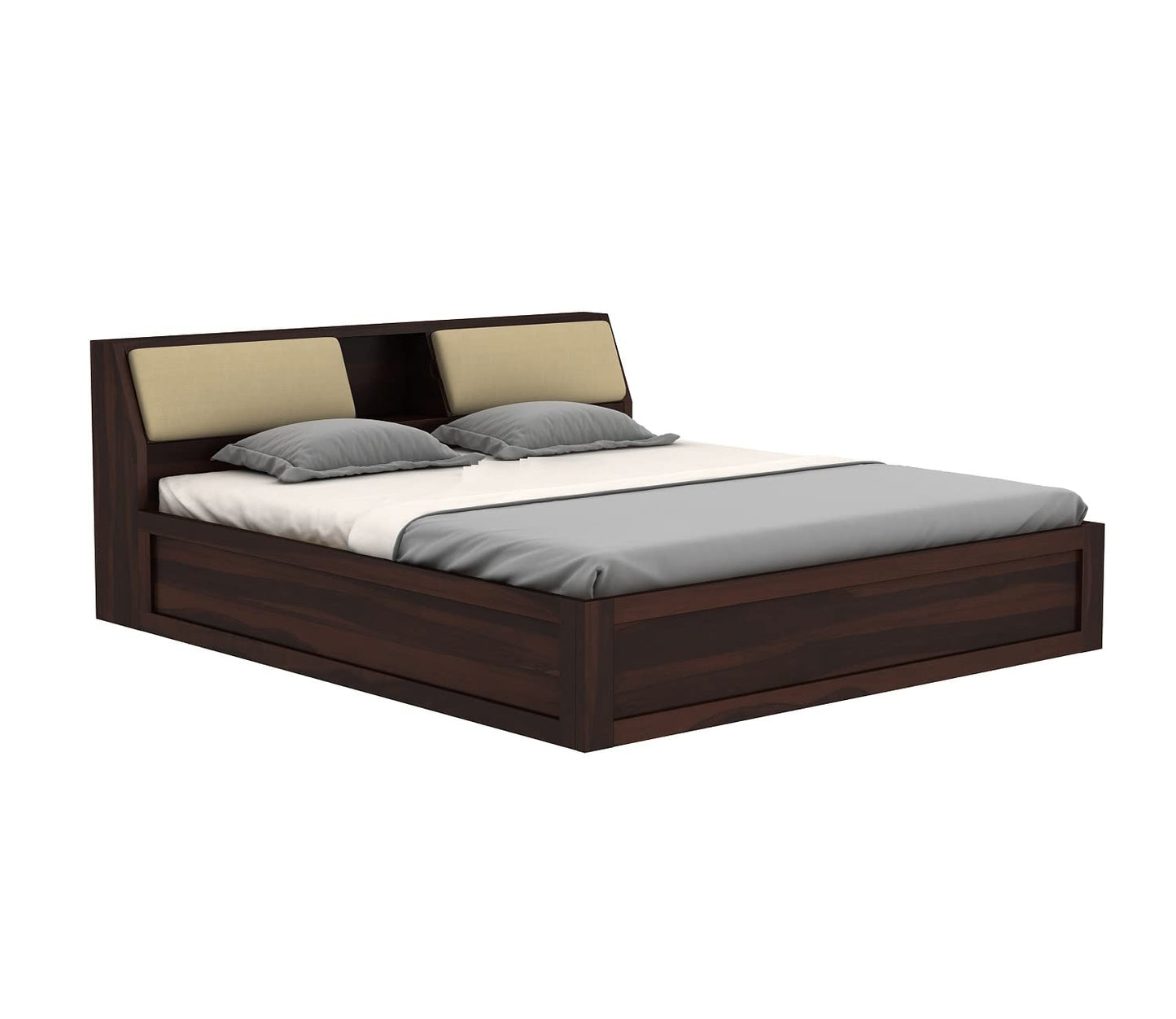 Royal Marwar Solid Sheesham Wood King Size Storage Bed | Upholstered Headboard | Premium Walnut Finish