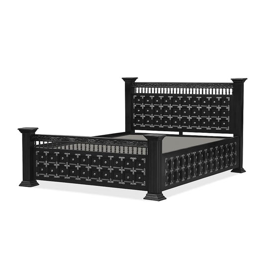 Maharaja Solid Sheesham Wood King Size Bed | Handcrafted Royal Wooden Bed | Traditional Indian Carved Design | Metal Stud Detailing | Dark Walnut Finish