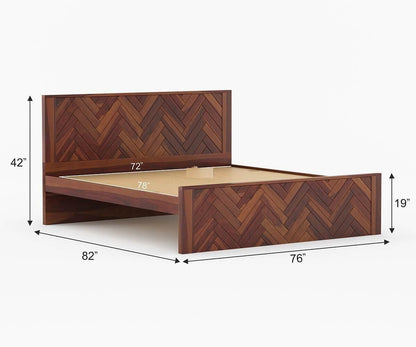 Royal Marwar Solid Sheesham Wood King Size Bed | Herringbone Panel Design | Premium Honey Finish | Wooden Bed Without Storage