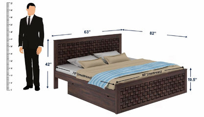 Royal Marwar Solid Sheesham Wood Queen Size Bed | Handcrafted Woven Panel Design | Premium Walnut Finish | Wooden Bed Storage box