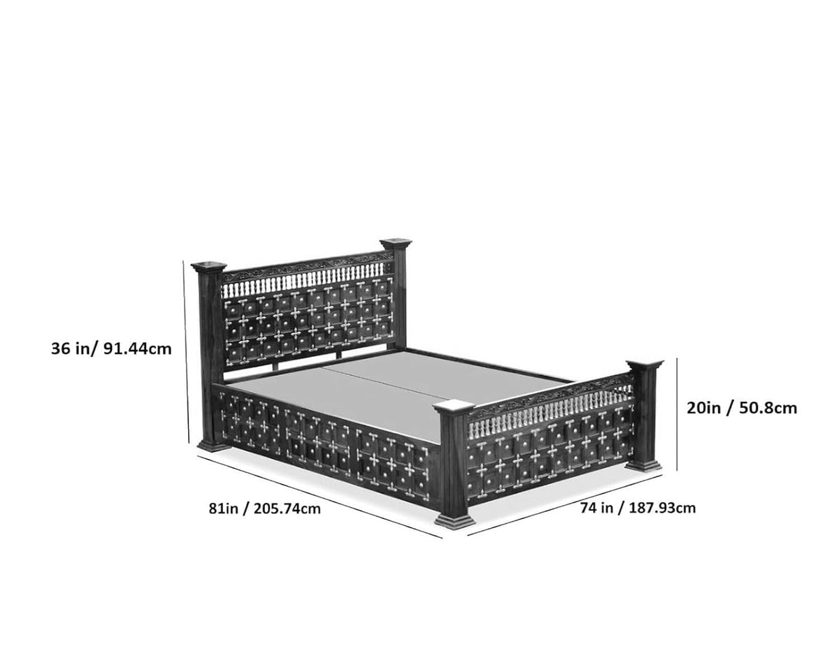 Maharaja Solid Sheesham Wood King Size Bed | Handcrafted Royal Wooden Bed | Traditional Indian Carved Design | Metal Stud Detailing | Dark Walnut Finish