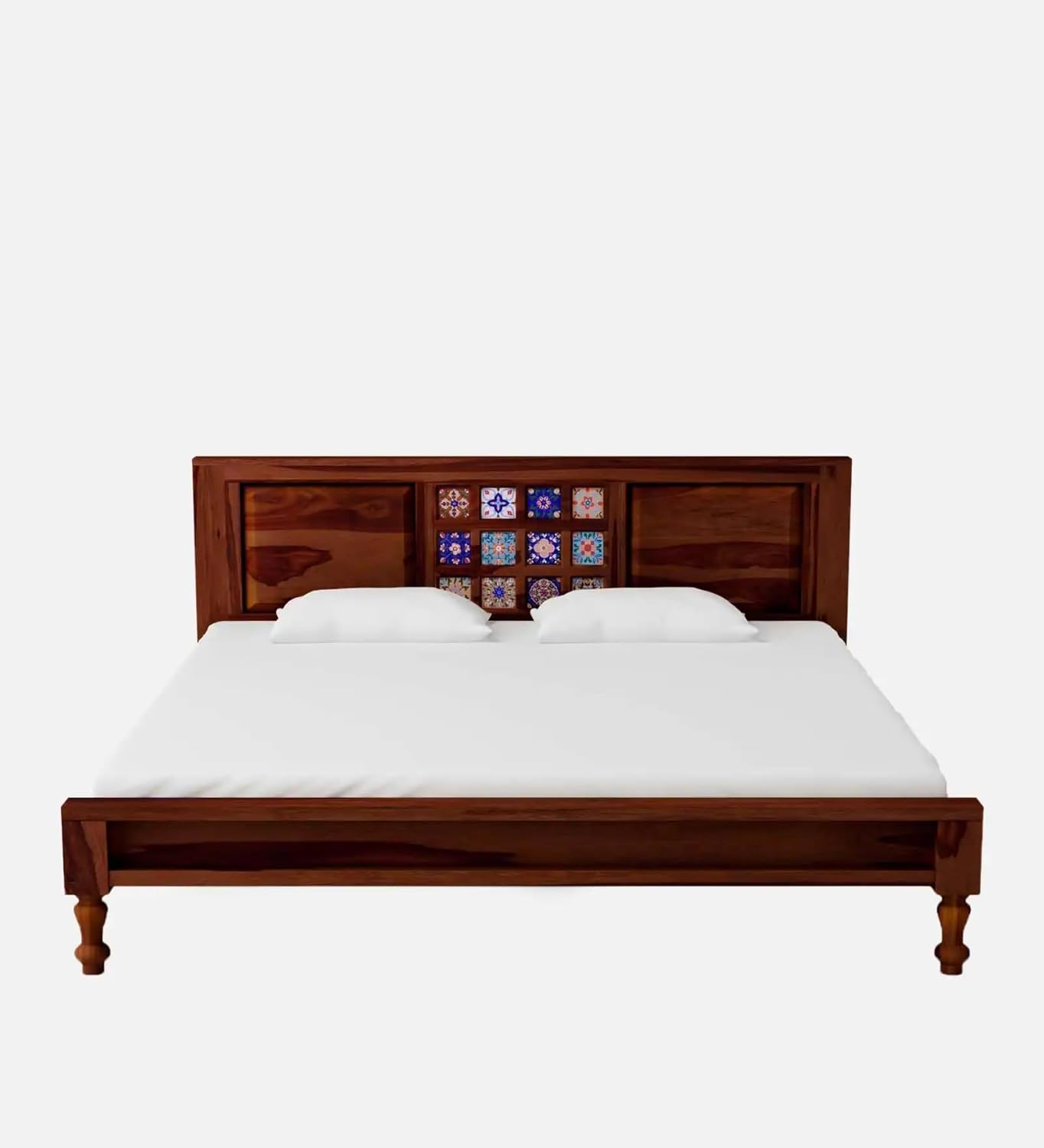 Royal Marwar Solid Sheesham Wood King Size Bed | Premium Honey Finish | Handcrafted Tile Headboard | Wooden Bed Without Storage
