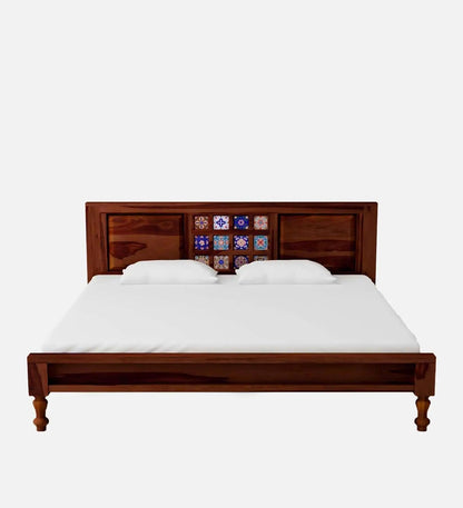 Royal Marwar Solid Sheesham Wood King Size Bed | Premium Honey Finish | Handcrafted Tile Headboard | Wooden Bed Without Storage