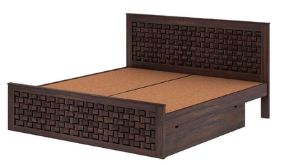 Royal Marwar Solid Sheesham Wood Queen Size Bed | Handcrafted Woven Panel Design | Premium Walnut Finish | Wooden Bed Storage box