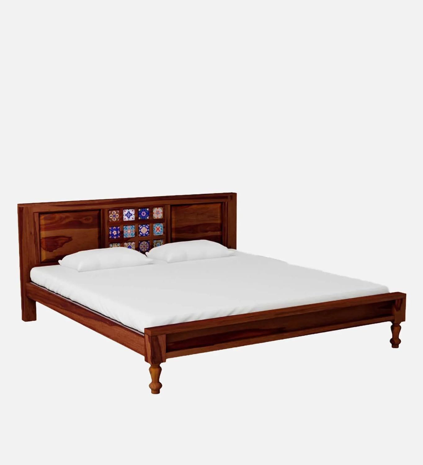 Royal Marwar Solid Sheesham Wood King Size Bed | Premium Honey Finish | Handcrafted Tile Headboard | Wooden Bed Without Storage