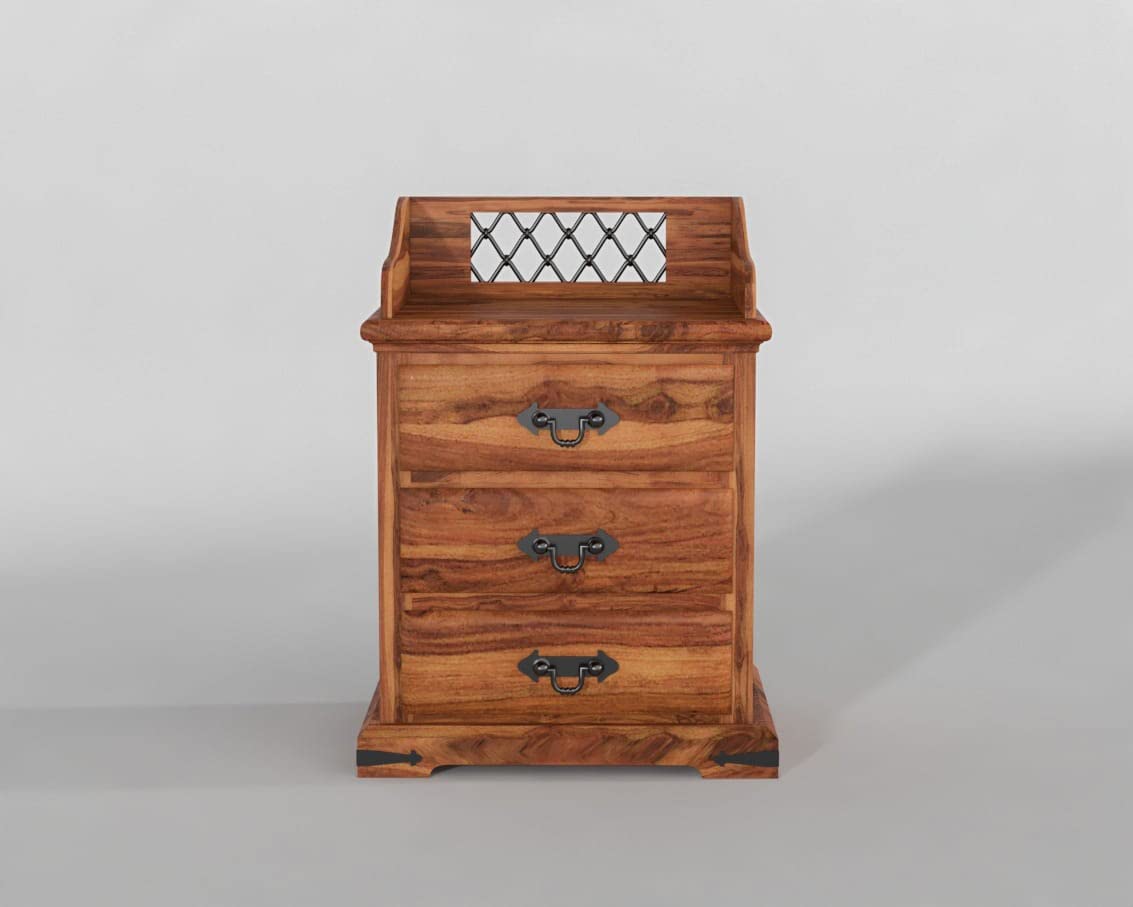 Royal Marwar Solid Sheesham Wood 3 Drawer Bedside Table | Wooden Nightstand Cabinet | Honey Finish & Walnut Finish