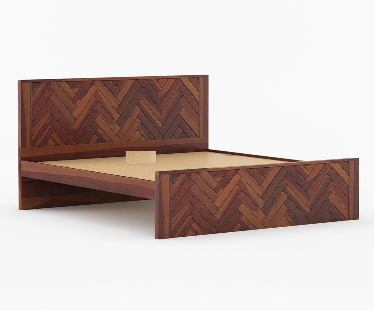 Royal Marwar Solid Sheesham Wood King Size Bed | Herringbone Panel Design | Premium Honey Finish | Wooden Bed Without Storage