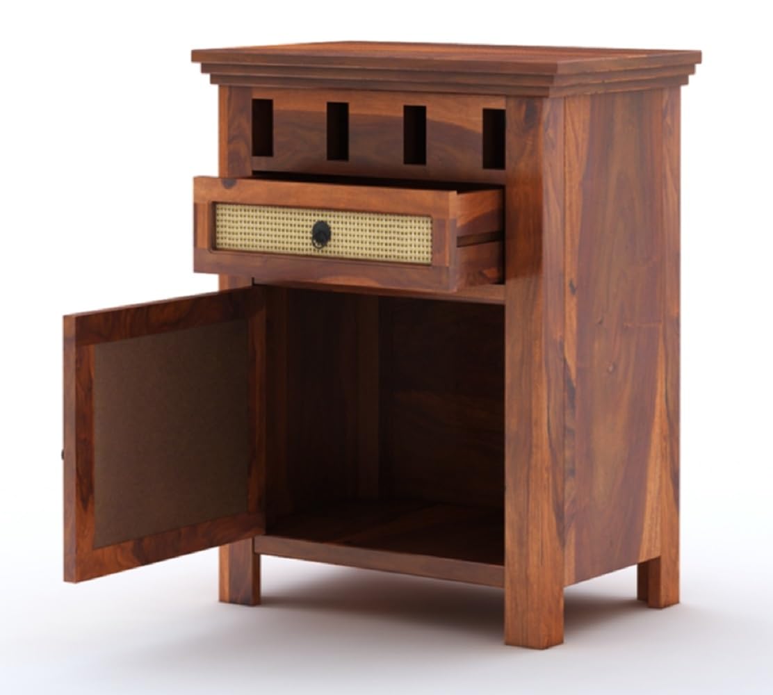Royal Marwar Solid Sheesham Wood Bedside Table with Cane Door & Drawer | Nightstand | Honey Finish & Walnut Finish