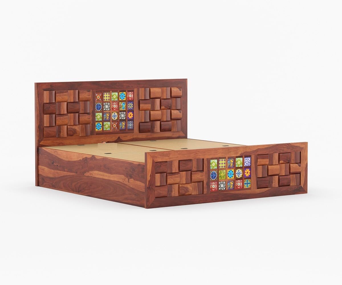 Royal Marwar Solid Sheesham Wood Queen Size Storage Bed | Decorative Tile Panel Design | Premium Honey Finish | Wooden Bed with Box Storage