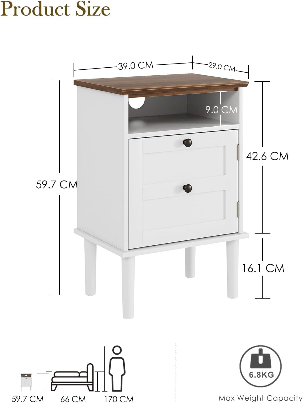 White bedside table with dark wood top and 3 drawers, open shelf, turned legs