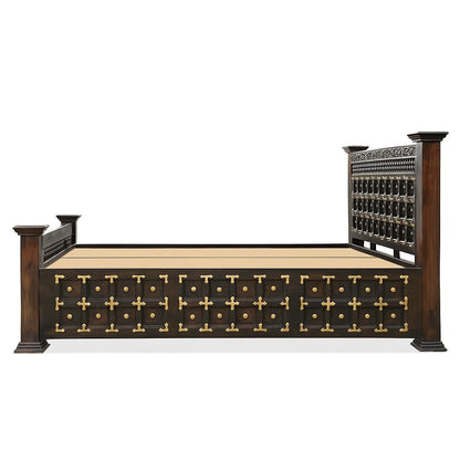 Maharaja Solid Sheesham Wood King Size Bed | Handcrafted Royal Wooden Bed | Traditional Indian Carved Design | Metal Stud Detailing | Dark Walnut Finish