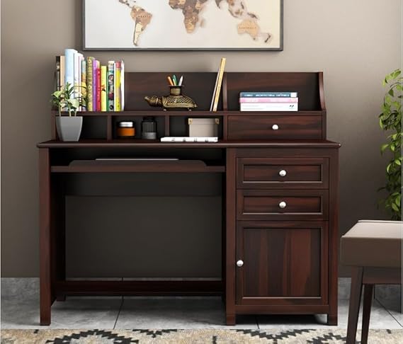 Royal Marwar Solid Mango Wood Study Table with Hutch | Wooden Computer Desk with Storage Cabinet & Drawers | Walnut Finish