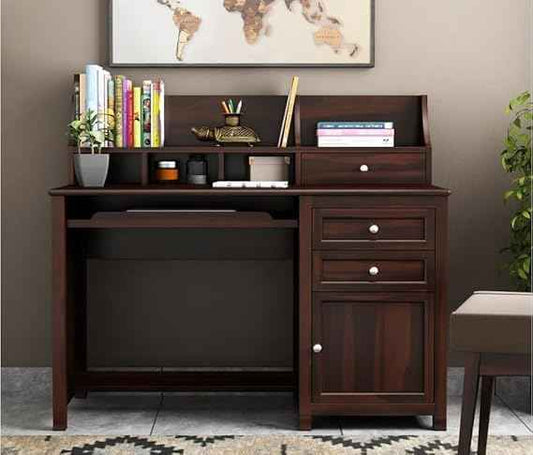 Royal Marwar Solid Mango Wood Study Table with Hutch | Wooden Computer Desk with Storage Cabinet & Drawers | Walnut Finish