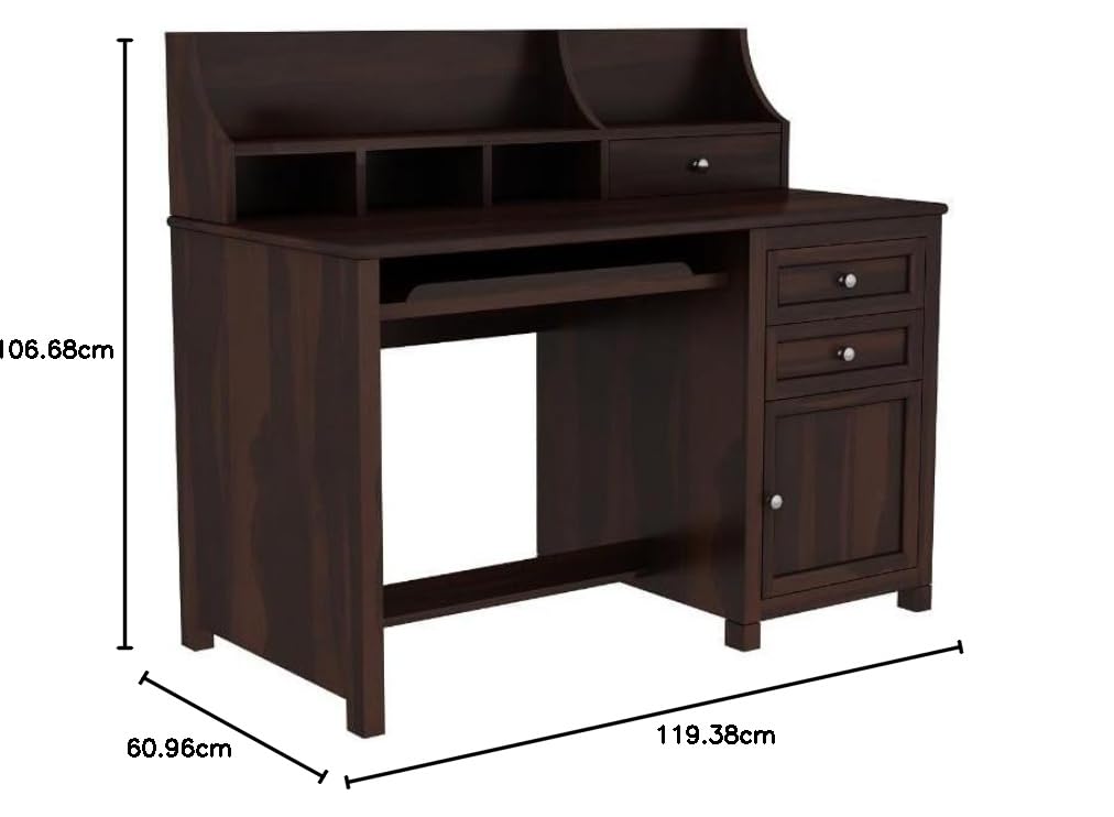 Royal Marwar Solid Mango Wood Study Table with Hutch | Wooden Computer Desk with Storage Cabinet & Drawers | Walnut Finish