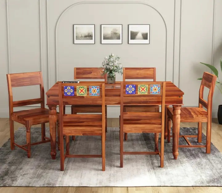 Royal Marwar 6 Seater Solid Sheesham Wood Dining Table Set | Handcrafted Wooden Dining Table with 6 Chairs | Rajasthani Heritage Design | Natural Wood Finish