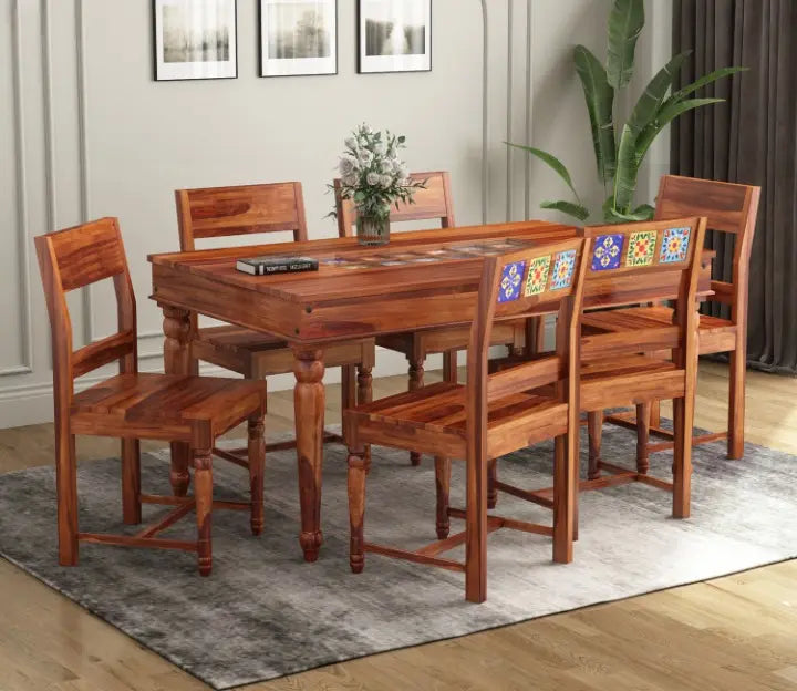 Royal Marwar 6 Seater Solid Sheesham Wood Dining Table Set | Handcrafted Wooden Dining Table with 6 Chairs | Rajasthani Heritage Design | Natural Wood Finish