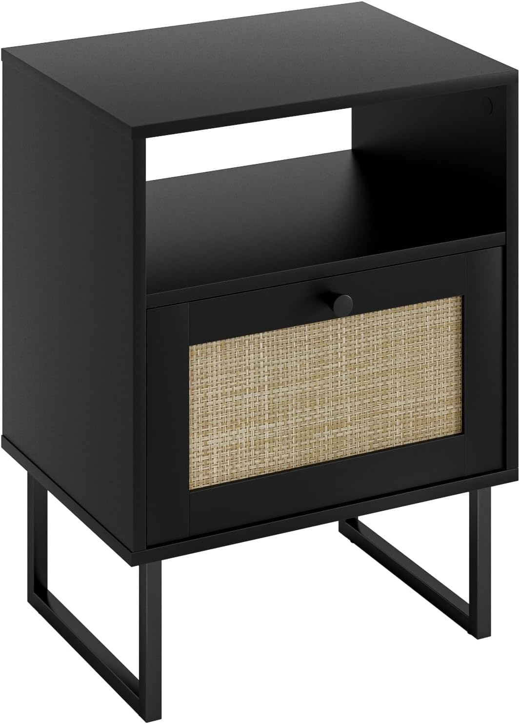 Royal Marwar Solid Mango Wood Bedside Table with Rattan Drawer & Open Shelf | Honey Finish | Modern Nightstand