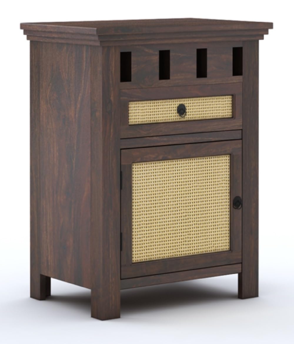 Royal Marwar Solid Sheesham Wood Bedside Table with Cane Door & Drawer | Nightstand | Honey Finish & Walnut Finish