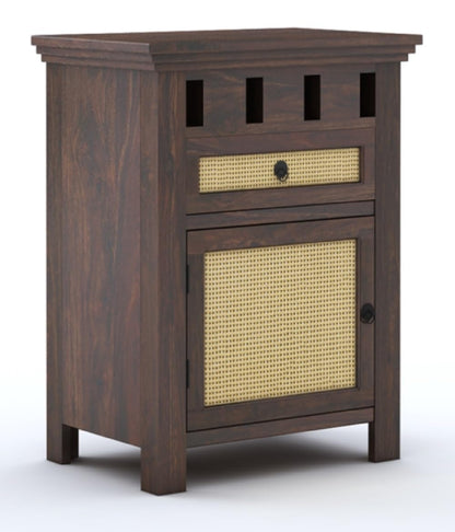 Royal Marwar Solid Sheesham Wood Bedside Table with Cane Door & Drawer | Nightstand | Honey Finish & Walnut Finish