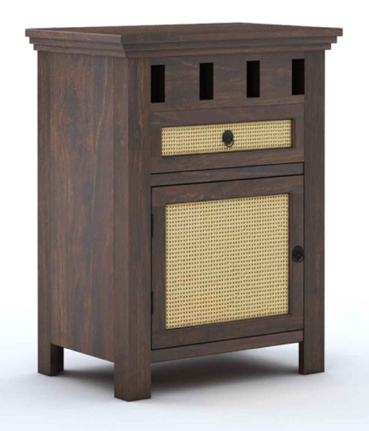 Royal Marwar Solid Sheesham Wood Bedside Table with Cane Door & Drawer | Nightstand | Honey Finish & Walnut Finish