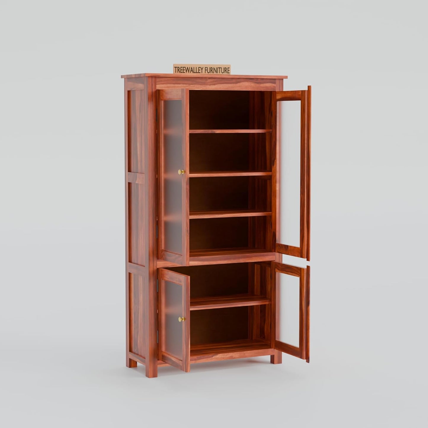 Solid Sheesham Wood Kitchen Cabinet with Glass Doors & Drawer