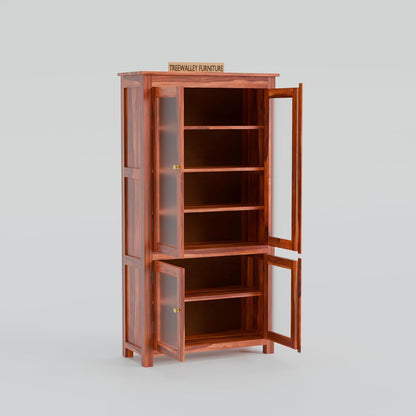 Solid Sheesham Wood Kitchen Cabinet with Glass Doors & Drawer