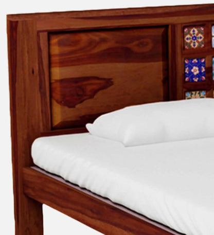 Royal Marwar Solid Sheesham Wood King Size Bed | Premium Honey Finish | Handcrafted Tile Headboard | Wooden Bed Without Storage