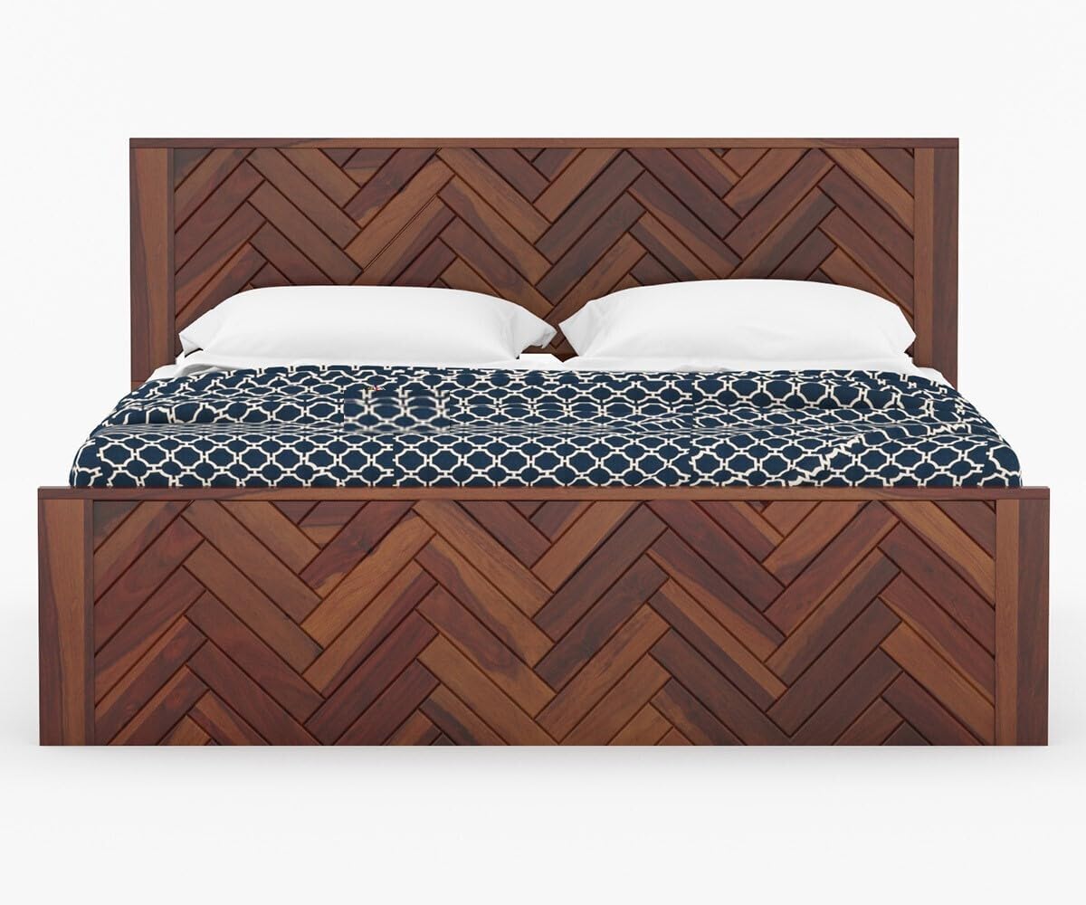 Royal Marwar Solid Sheesham Wood King Size Bed | Herringbone Panel Design | Premium Honey Finish | Wooden Bed Without Storage