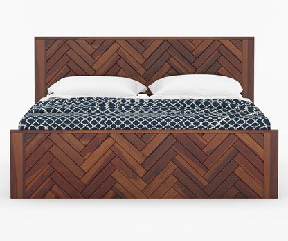 Royal Marwar Solid Sheesham Wood King Size Bed | Herringbone Panel Design | Premium Honey Finish | Wooden Bed Without Storage