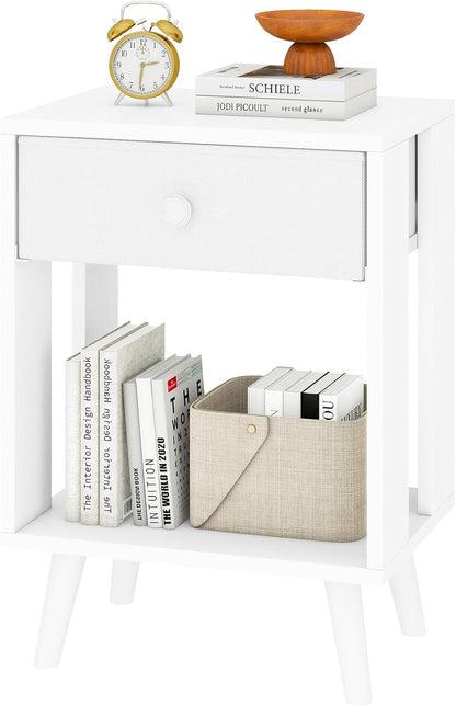 Royal Marwar Solid Mango Wood Bedside Table with Drawer & Open Shelf | White Finish | Modern Wooden Nightstand