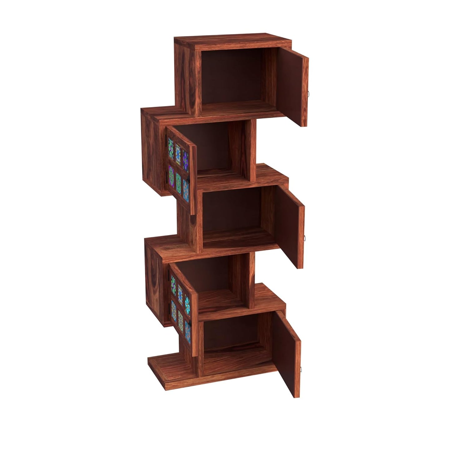 Royal Marwar Solid Sheesham Wood Bookcase | 5 Door Wooden Display Cabinet | Handcrafted Multicolor Tile Storage Shelf | Honey Finish