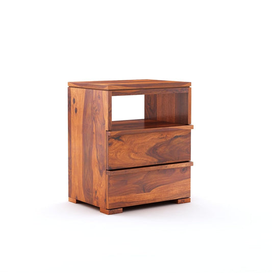 Honey wood bedside table with open shelf and 2 drawers, square legs