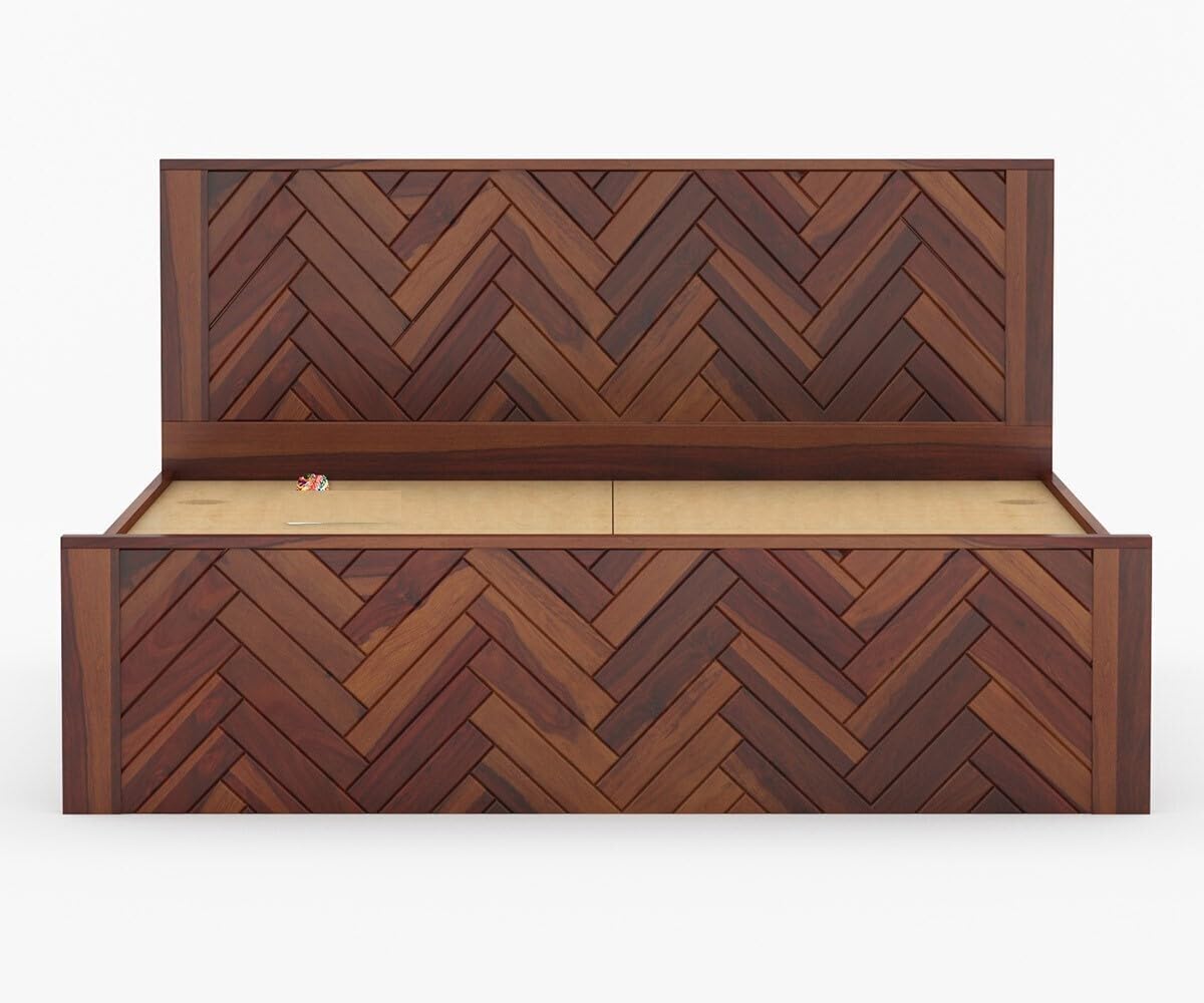 Royal Marwar Solid Sheesham Wood King Size Bed | Herringbone Panel Design | Premium Honey Finish | Wooden Bed Without Storage