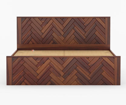 Royal Marwar Solid Sheesham Wood King Size Bed | Herringbone Panel Design | Premium Honey Finish | Wooden Bed Without Storage
